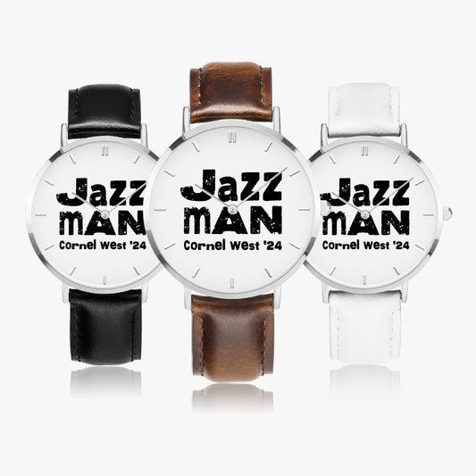 Jazz Man Ultra-Thin Leather Strap Quartz Watch (Silver With Indicators)