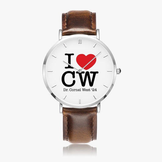 I Love CW Ultra-Thin Leather Strap Quartz Watch (Silver With Indicators)