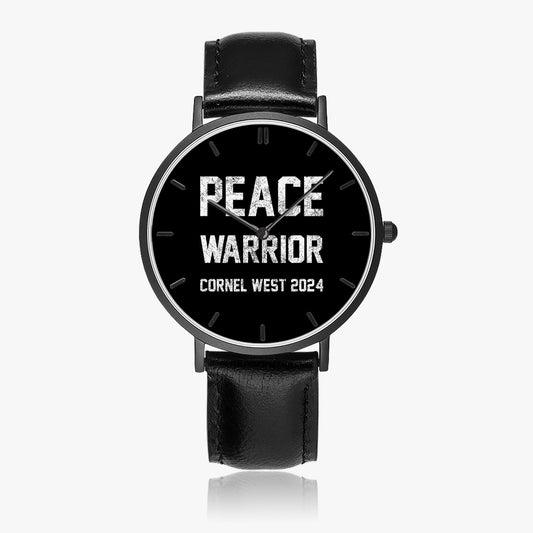 Peace Warrior Ultra-Thin Leather Strap Quartz Watch (Black With Indicators)