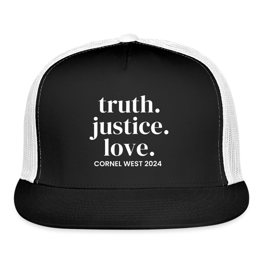 Truth Justice Love Printed Trucker Cap - black/white